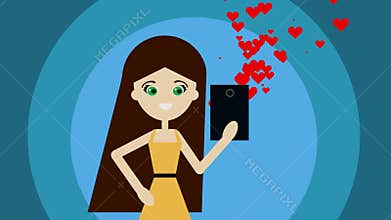 Young girl keeps a gadget and gets lots of likes flat design