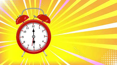 Animation of Vintage Alarm clock ringing on halftone background. Retro pop