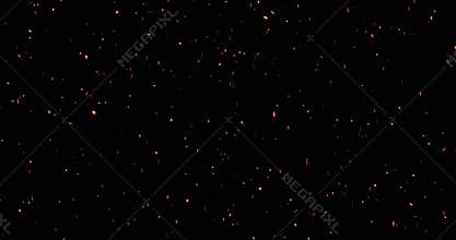 Real fire sparks from campfire with ash rise over black background, danger