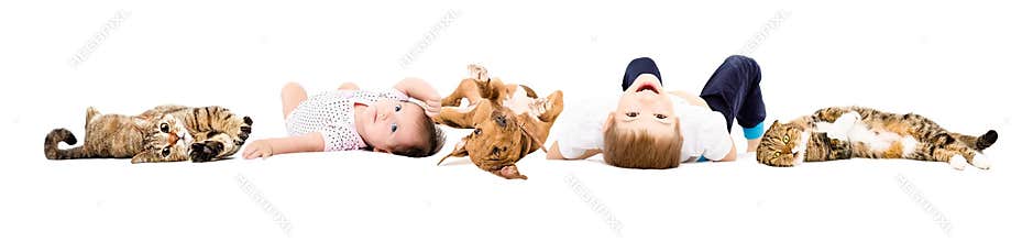 Group of cheerful children and pets