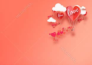 Illustration for Valentine`s Day. Living heart shaped balloons Living Coral fly among the clouds and praise love. concept of love