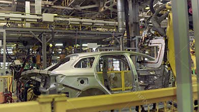 Izhevsk, Russia - December 15 2018: Automotive industry, Robots on Assembly line production of new LADA car at
