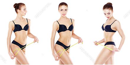Sporty, fit and healthy female body in fitness collage. Young women in swimsuits isolated on white.
