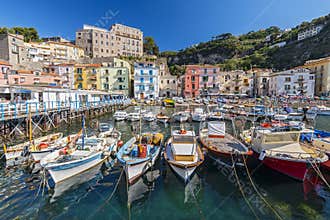 Small fishing boats at harbor Marina Grande in Sorrento, Campania, Amalfi Coast, Italy.