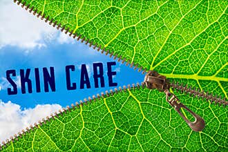 Skin care word under zipper leaf
