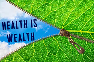 Health is wealth word under zipper leaf