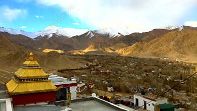 Time-lapse clouds, shadows and Ladakh City from Shanti Stupa, Leh Ladakh, India