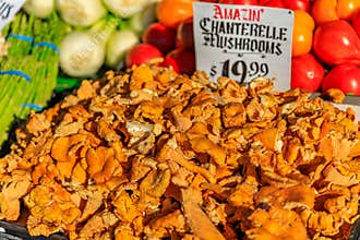 Eild chanterelle mushrooms for sale at Pike Place Market in Seattle, Washington