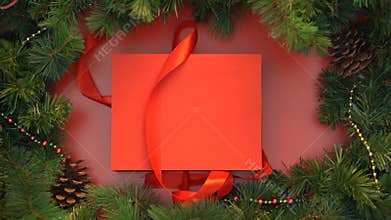 Red ribbon untying and giftbox with wooden christmas toys opening, decoration