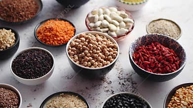 Organic superfood assortment in bowls