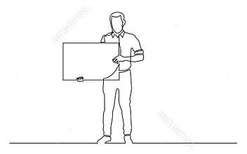 Continuous line drawing of full length standing man holding blank sign