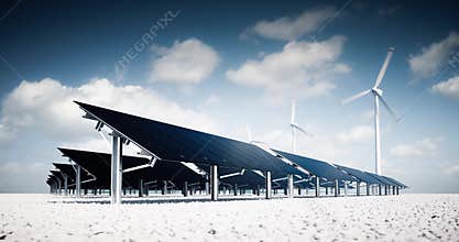 Modern and futuristic aesthetic black solar panels of large photovoltaic power station with wind turbines.