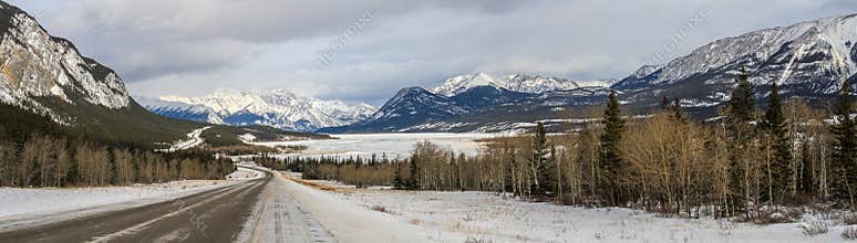 Winter Panorama arriving at Abraham Lake, Alberta, Canada