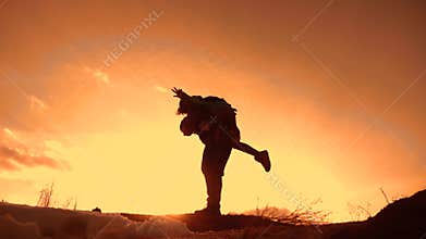 Father and daughter teamwork happy family tourists silhouette concept rides on his back funny video . team dad and