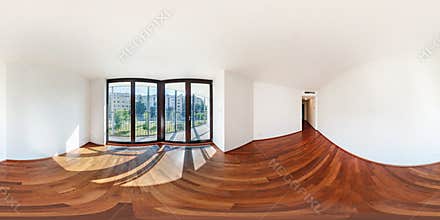 Panorama 360 view in modern white empty loft apartment interior of living room hall, full seamless 360 degrees angle view