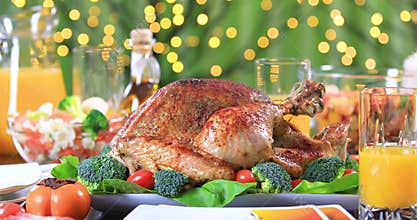 Celebrating Thanksgiving Day with roasted turkey for dinner