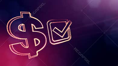Dollar sign and emblem of tick. Finance background of luminous particles. 3D seamless animation with depth of field