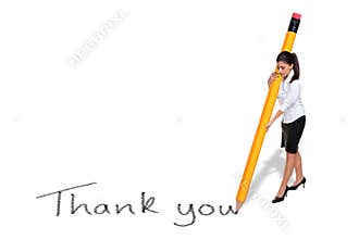 Businesswoman writing Thank you with giant pencil