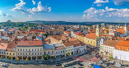 CLUJ-NAPOCA, ROMANIA - August 21, 2018: Cluj-Napoca panorama viewed from St. Michael's Church in Cluj-Napoca, Romania