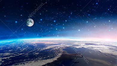 Space scene. Colorful nebula with earth planet and moon with stars. Elements furnished by NASA. 3D rendering