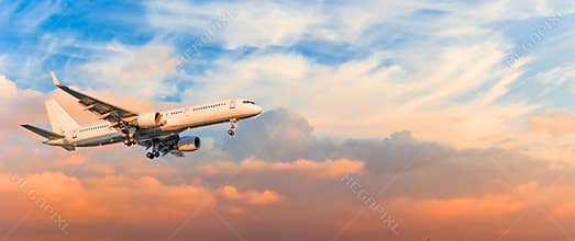 Passenger airplane is landing approach gear released, against sunset sky clouds, panorama. Travel aviation, flight, trip