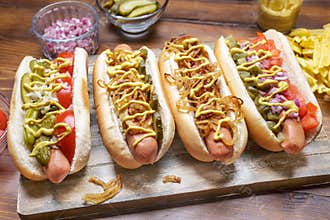 Group of Delicious Gourmet Grilled Hot Dogs