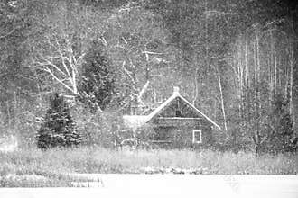 Wooden little cottage in forest, snowing