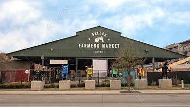Dallas Farmers Market with six metal sculptures, Dallas, Texas