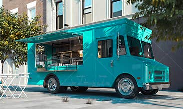 Aquamarine food truck with detailed interior on street. Takeaway. 3d rendering.