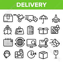 Delivery Line Icon Set Vector. Fast Transportation Service. Delivery 24 Logistic Support Icons. Express Order. Thin