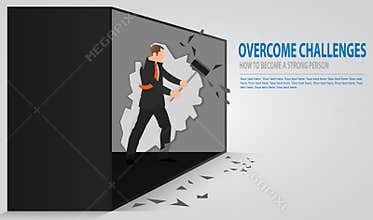 Man cracking old concrete wall. Businessman smashing a wall with a hammer. The notion of breaking down barriers and achieve goals.