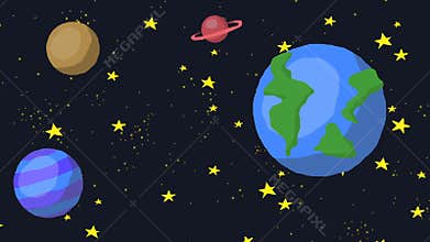 Cartoon space galaxy with stars and planet looped animation