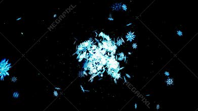 Winter snow crystal falling. Beautiful snow effect on black background. Christmas. CG snowflake loop animation.