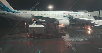 Saint Petersburg Russia, 03 March 2019: Ground crew gets luggage off the airliner in Pulkovo Airport