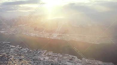 Aerial view of Tromso, Norway in the morning. View of the famous northern fjord from above