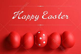 Flat lay composition of red painted eggs and text Happy Easter