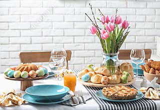 Festive Easter table setting with traditional meal
