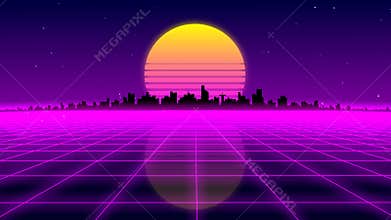 Retro 1980s synthwave glowing neon lights plane with sun and city skyline animation - seamless loopable