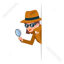 Cute woman snoop detective magnifying glass tec peeking out corner search help noir female cartoon character design