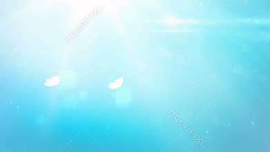 Sunny blue sky with sunlights and white whirling butterflies on romantic abstract background.