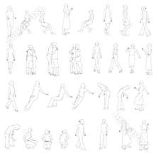 Set with outlines of people in different positions. The outlines of people sit, stand, go. Vector illustration