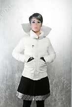 Fashion futuristic winter woman over silver