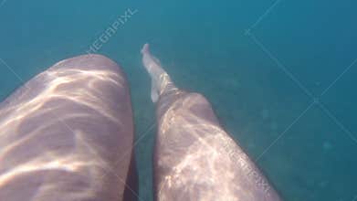 Male feet swimming underwater on sea during summer vacation. Point of view of young man. POV Close up Slow motion