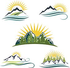 Mountain sunrise, nature icon set