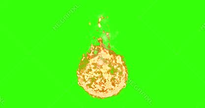 Ball of real flame fire with smoke in chroma key green screen background, dangerous flame