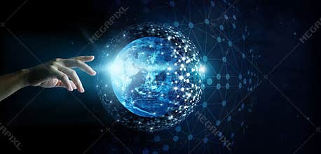 Hand touching global network connection and data exchange