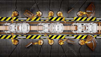 Moving conveyor belt with frameworks of cars