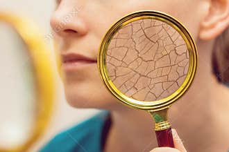 Aging and dry face skin concept - woman with magnifying glass