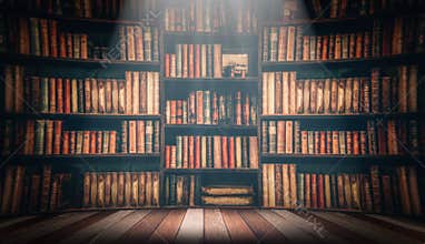 Wooden table in blurred Image Many old books on bookshelf in library