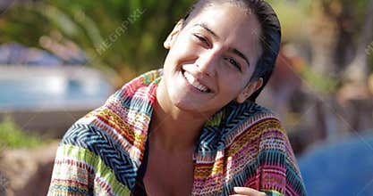 Pretty woman posing wet after pool